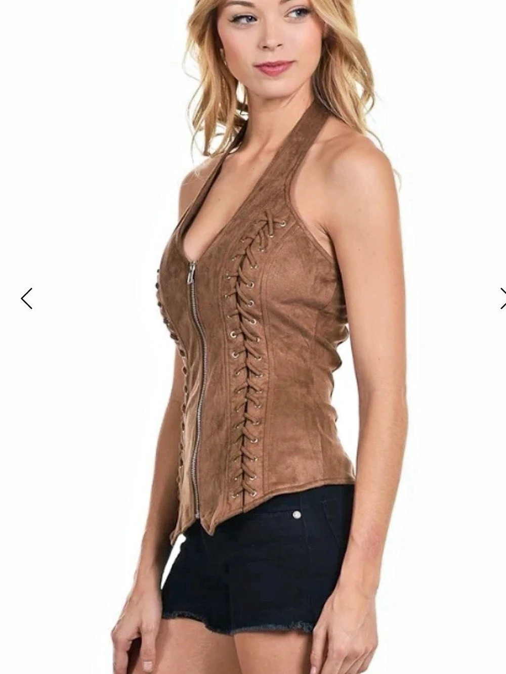 Faux Suede Halter Top in Brown